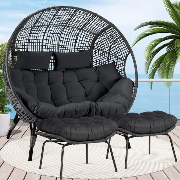 NICESOUL 2-Person Gray Double PE Wicker Outdoor Lounge Egg Chair with ...