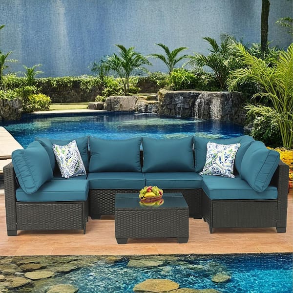 Zeus & Ruta 7-Piece Dark Coffee Wicker Patio Outdoor Sectional Sofa with Coffee Table and Peacock blue Cushions