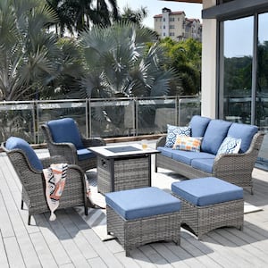 Eclogue Gray 6-Piece Wicker Outdoor Patio Fire Pit Seating Sofa Set and with Denim Blue Cushions