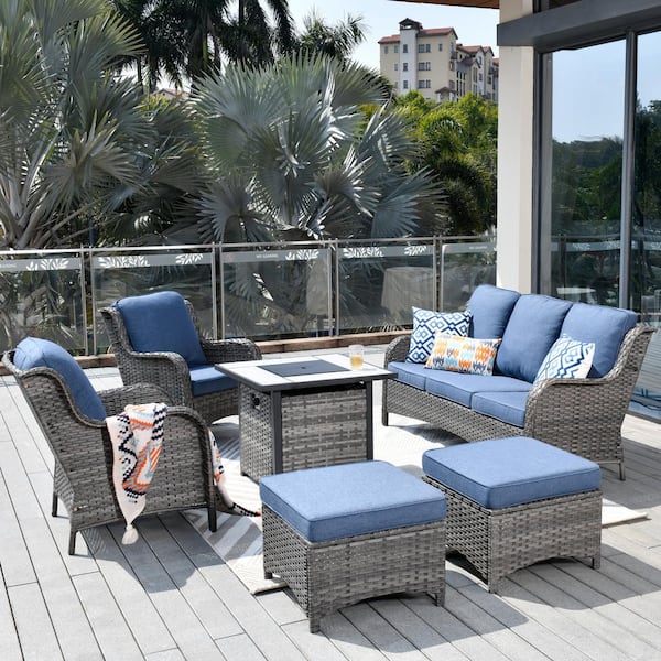 XIZZI Eclogue Gray 6-Piece Wicker Outdoor Patio Fire Pit Seating Sofa Set and with Denim Blue Cushions