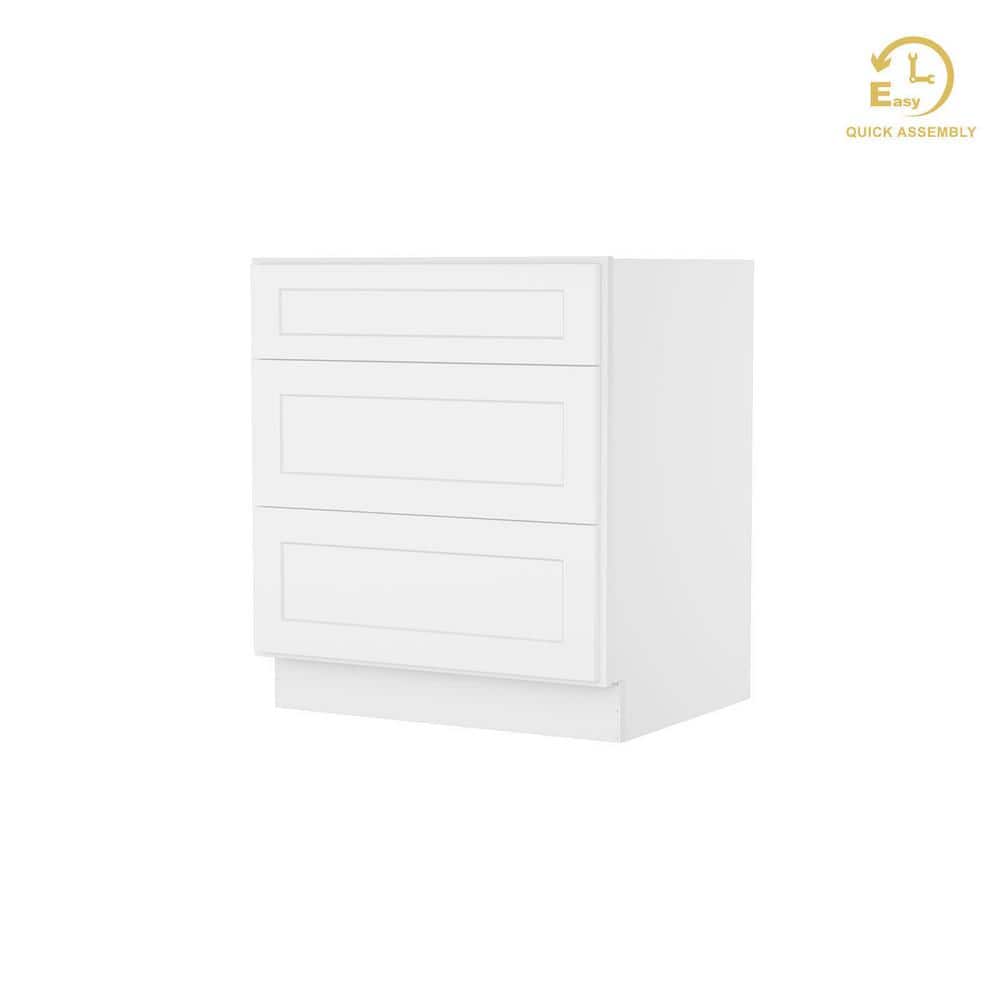 Shaker White Solid Wood 3-Drawer Base Kitchen Cabinet