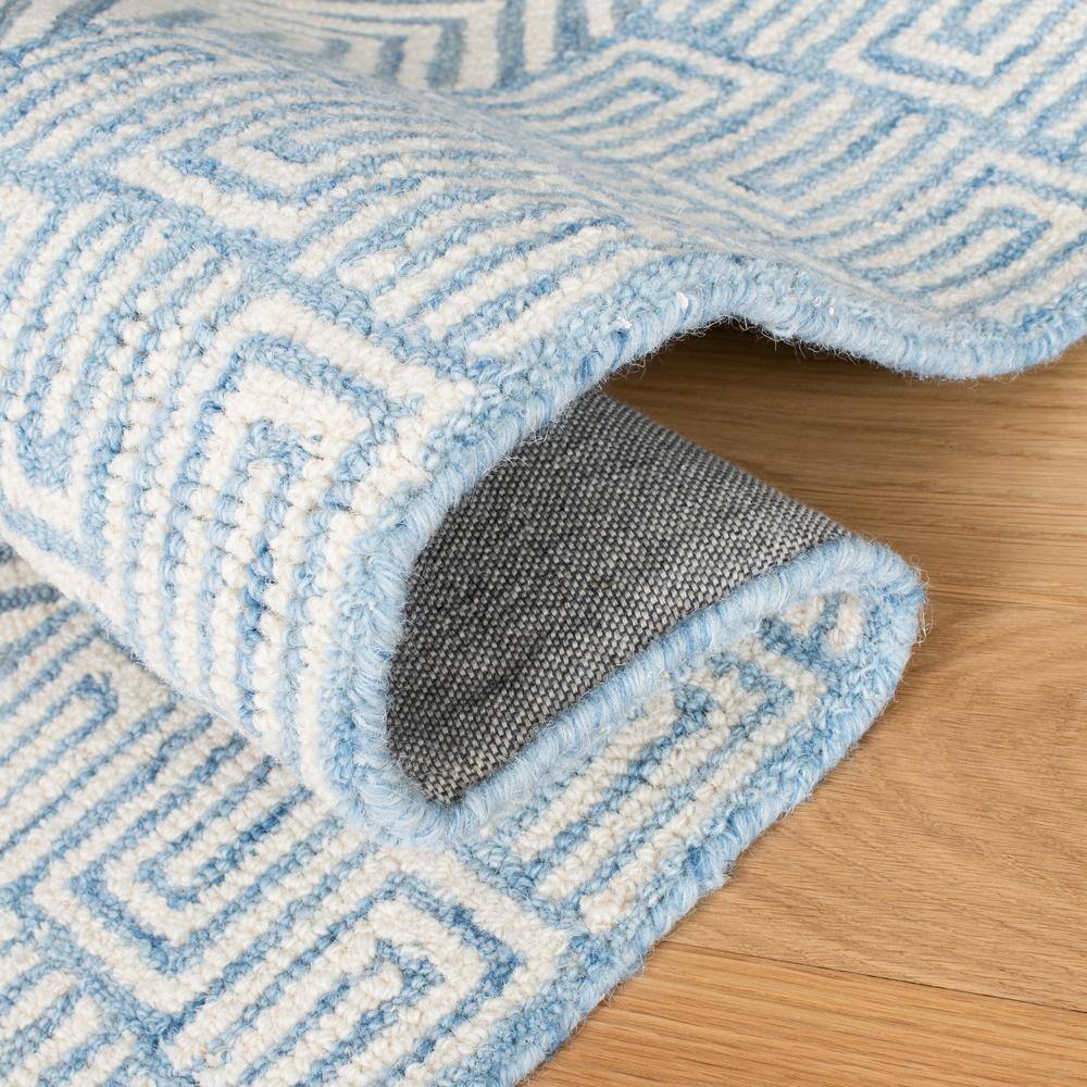 Light Blue and Ivory Wool Geometric Runner Rug