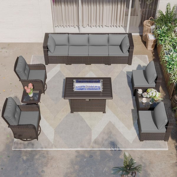 11-Piece Wicker Patio Fire Pit Set with Swivel Rocking Chairs, Black Tabletop and Cushion Gray