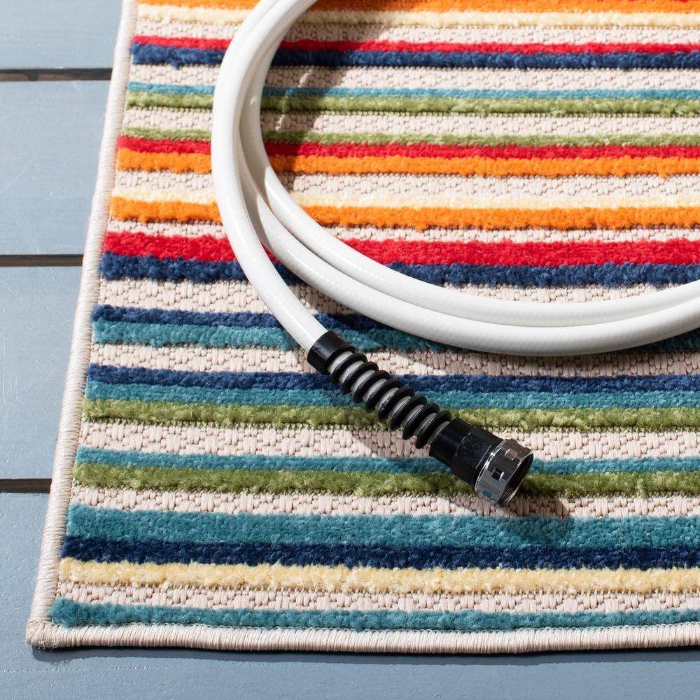 Ivory and Green Geometric Synthetic Runner Rug