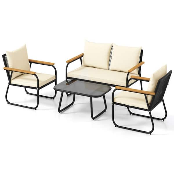 Kadehome 4-Piece Metal Frame Patio Conversation Set with White Cushions ...