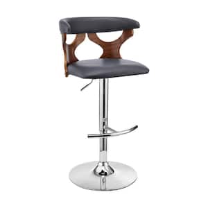 43 in. Brown and Gray Metal Framed Adjustable Barstool with Curved Cut Out Wooden Back