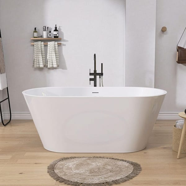 Getpro 59 in. x 29.5 in. Oval Free Standing Soaking Bathtub Flat Bottom with Center Drain Freestanding Bathtub in Glossy White