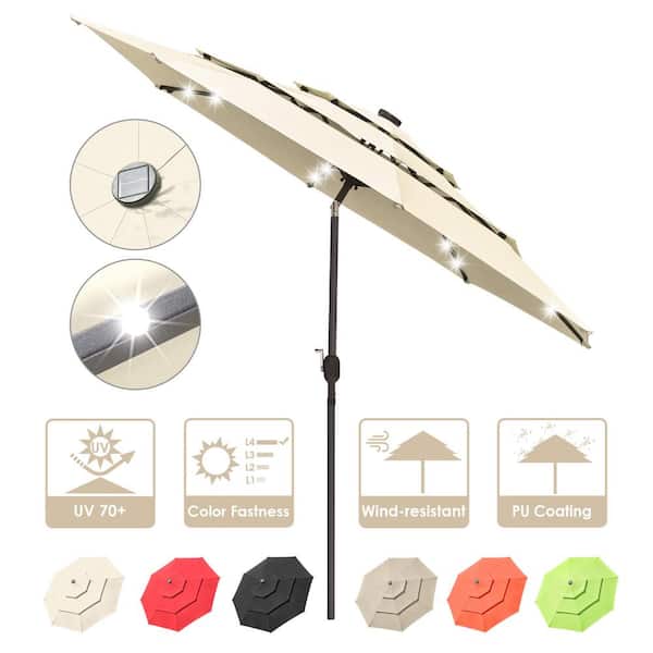 Cisvio 10 ft. Outdoor Market Basic Vented Patio 32 LEDs Patio Umbrella with Lights and Crank Handle in Beige (3-Tiers)