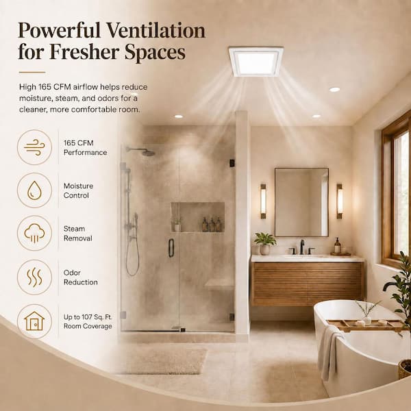 165 CFM Bathroom Exhaust Fan w/ Light, 11.8 in. Ceiling Vent Fan 1.5 Sone Quiet w/6500K 1000 LM LED, Shower Laundry Room