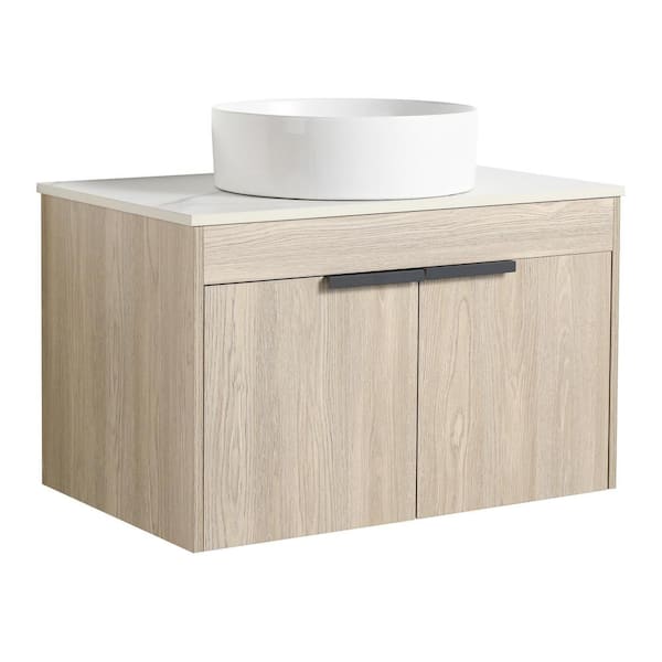 Boosicavelly 29.53 in. W x 18.9 in. D x 18.3 in. H Single Sink Wall Mounted Bath Vanity in White Oak with White Sintered Stone Top