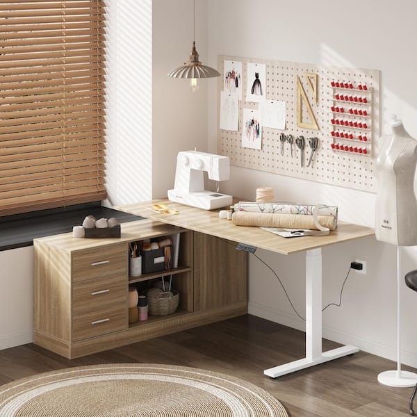 FUFU&GAGA 63 in. L-Shaped Oak Wood 3-Drawer Adjustable Height