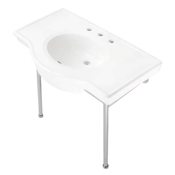 Kingston Brass Manchester 37 in. Ceramic Console Sink Set with Stainless Steel Legs in White/Polished Chrome