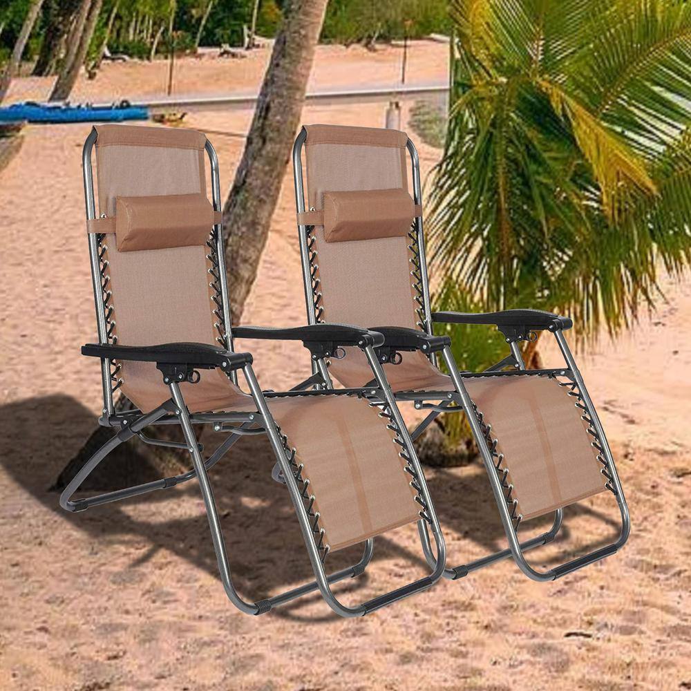 Brown and Black Stainless Steel Zero Gravity Outdoor Chaise Lounge with Cushions