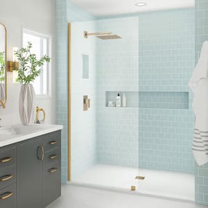 Elyse XL 30 in. W x 80 in. H Fixed Frameless Shower Door in Brushed Gold with Clear StarCast Glass