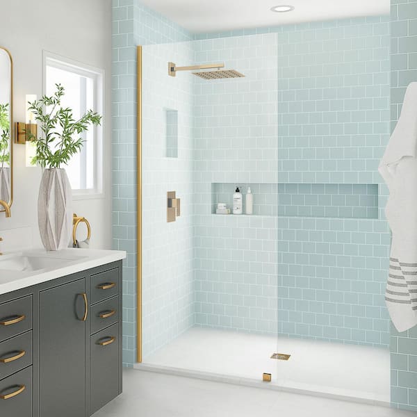 Aston Elyse XL 34 in. W x 80 in. H Fixed Frameless Shower Door in Brushed Gold with Clear StarCast Glass