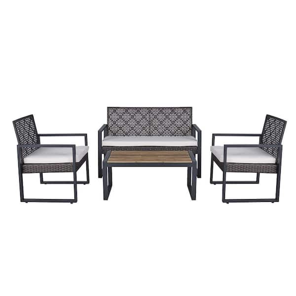 Zeus & Ruta Black 4-Piece PE Rattan Wicker Patio Conversation Sectional Set with Beige Cushion and Coffee Table for Garden, Backyard