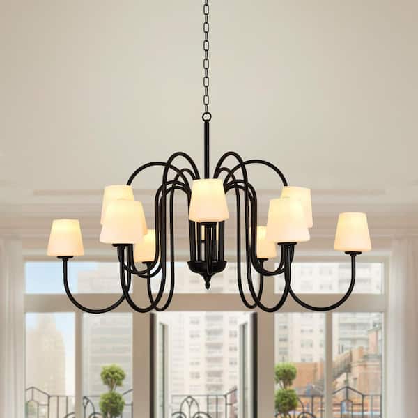 Modern 12-Light Black Branch Farmhouse Sputnik Chandelier with White Opal Glass Shades for Kitchen Island or Dining Room