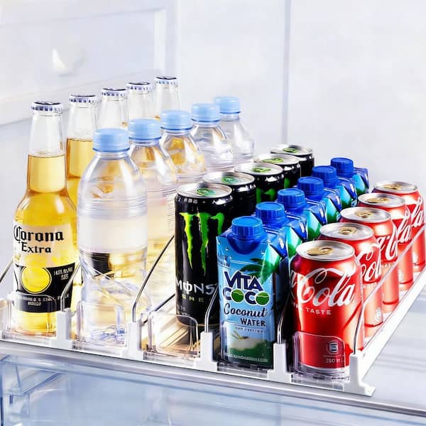 25-Piece Automatic Drink Dispenser with Spring-Loaded Pusher, Adjustable Width–Refrigerator Organizer Set, Food Storage