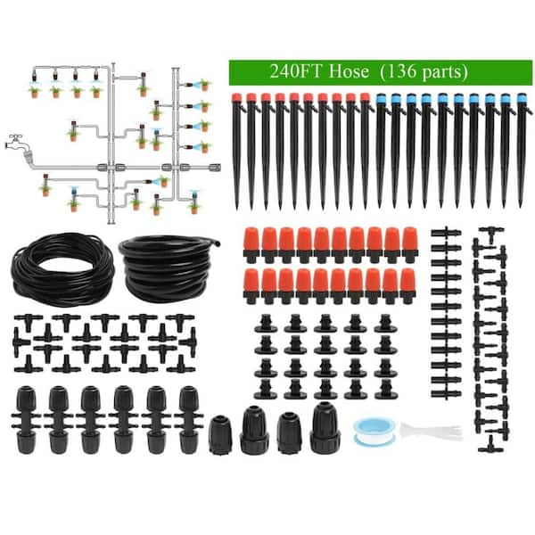 240FT Drip Irrigation System Kit Automatic Garden Watering Misting Set Black 136-Piece