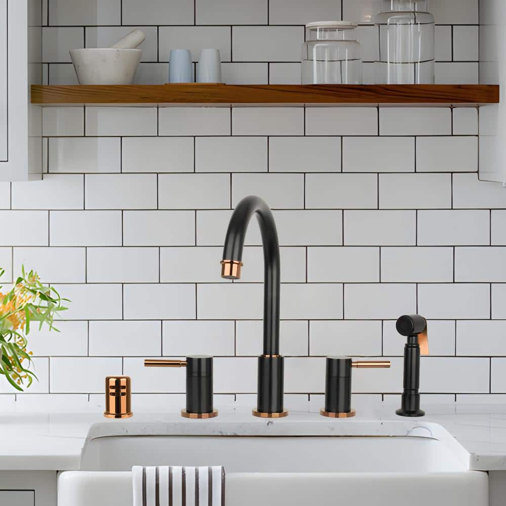 Matte Black and Rose Gold Double Handle Kitchen Faucet with Side Sprayer