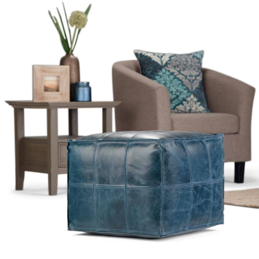 Teal Genuine Leather Square Pouf with Engineered Wood Frame