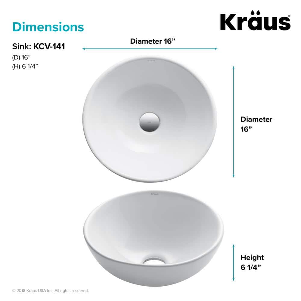 White Round Ceramic Vessel Bathroom Sink, 16 Inch