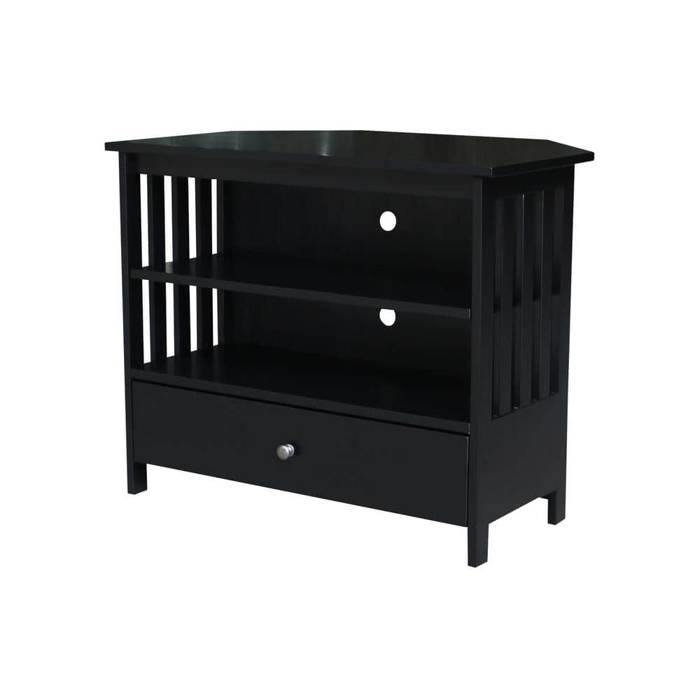 Black Solid Wood Corner TV Stand with Drawer and Shelves