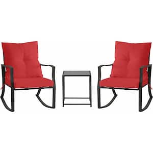 3-Piece Metal Outdoor Rocking Chair with Glass Coffee Table and Red Cushions for Garden, Balcony, Pool, Backyard