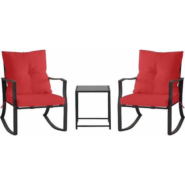 Zeus & Ruta 3-Piece Metal Outdoor Rocking Chair with Glass Coffee Table and Red Cushions for Garden, Balcony, Pool, Backyard