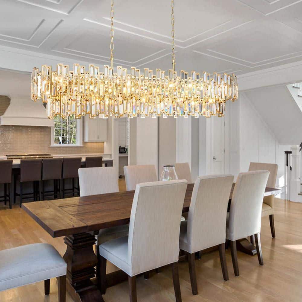 YUYI 55 in. Modern Chandelier 21-Light 2-Tier Gold Rectangle K9