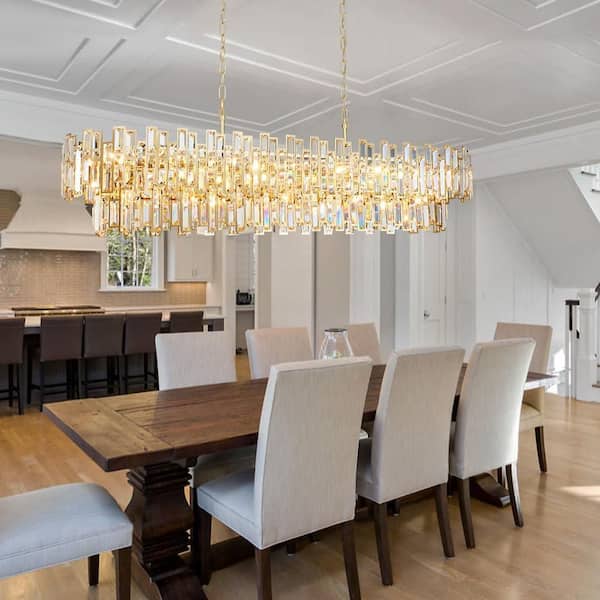 55 in. Modern Chandelier 21-Light 2-Tier Gold Rectangle K9 Crystal Chandelier for Dining Room, Kitchen Island