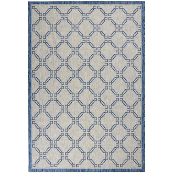 Nourison Garden Party Ivory Blue 7 ft. x 10 ft. Trellis Transitional Indoor/Outdoor Patio Area Rug