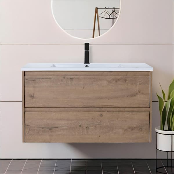 UPIKER Modern 36 in. W X 18 in. D x 20 in. H Bath Vanity in Imitative Oak with White Resin Vanity Top
