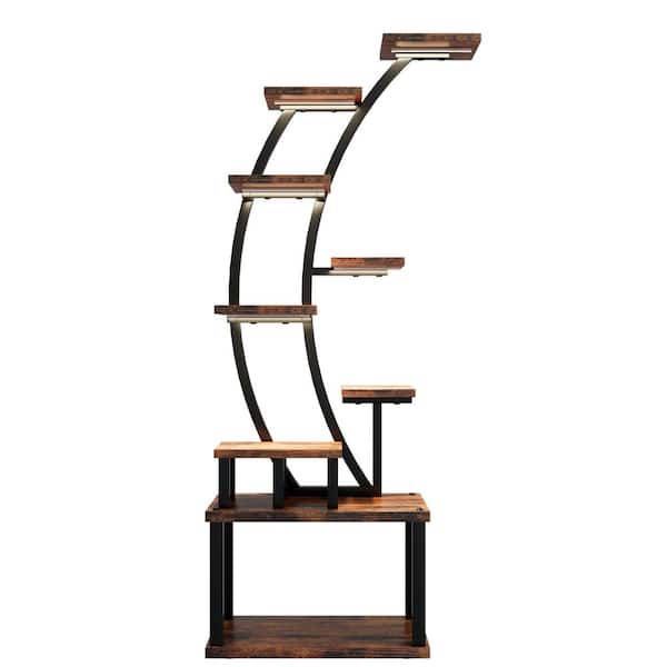 9-Tier Brown Wood Plant Stand w/ 5 Grow Lights 10-Level Dimming, 3-Timer Settings Energy-Efficient (25 in.W x 63.6 in.H)