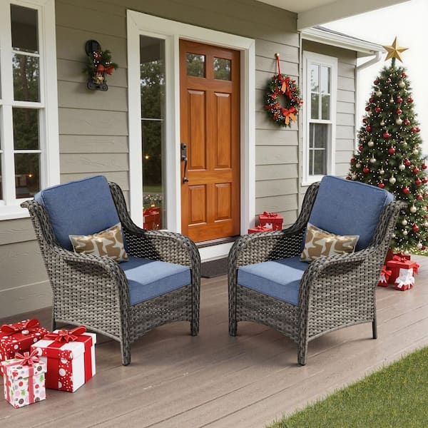 Clario Single Wicker Outdoor Lounge Chair with Deep-Seated and Thickness Denim Blue Cushion (2-Pack)