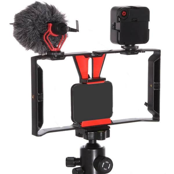 Smartphone Video Rig Camera Cage Stabilizer Handle Grip with LED Light and Microphone for Mobile Filmmaking