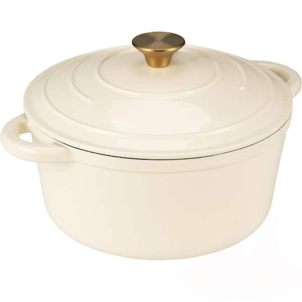 5.5 qt. Enameled Cast Iron Dutch Oven in Cream White with Lid, Cookbook and Cotton Potholders