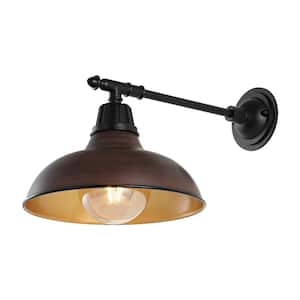 Wallace 12.25 in. Wood Finish/Copper 1-Light Farmhouse Industrial Indoor/Outdoor Iron LED Victorian Arm Outdoor Sconce