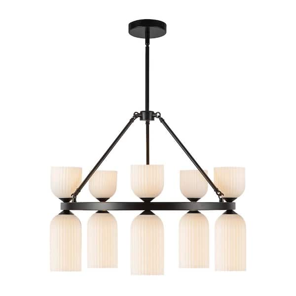 ALORA MOOD Nelly 26 in. 10 Light 40-Watt Matte Black/Glossy Ribbed Opal Glass Chandelier