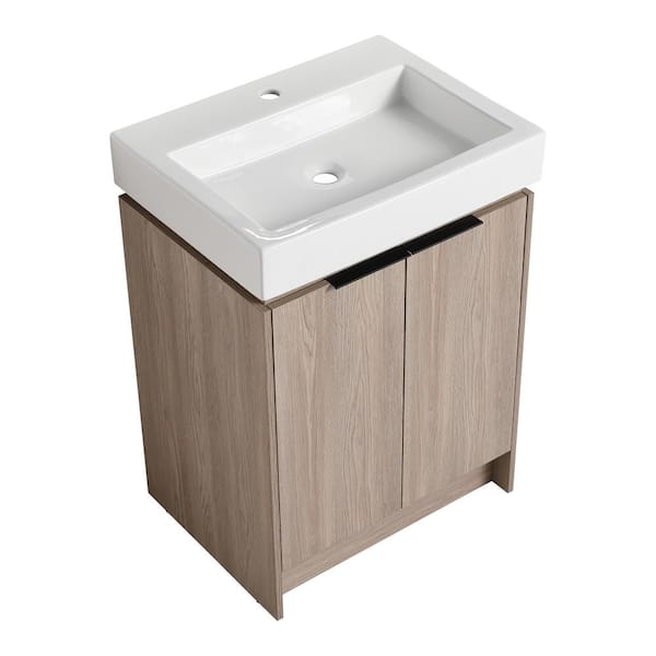 FUNKOL 24.10 in. W x 18.50 in. D x 33.50 in . H Plywood Freestanding Bathroom Vanity in White Oak(Brown) with White Ceramic Top