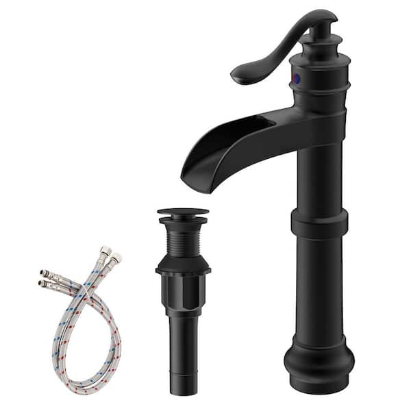 Single Handle Waterfall Vessel Sink Faucet with Drain Kit Included in Matte Black