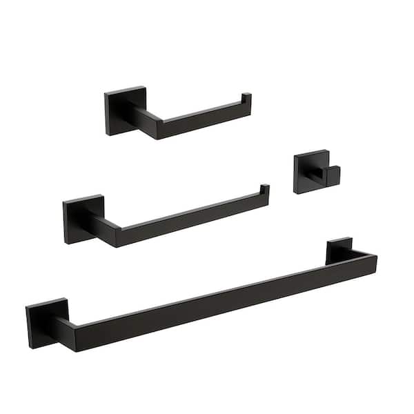 RAINLEX 4-Piece Bath Hardware Set with Hook Towel Ring, Toilet Paper Holder 24 in. and 8 in. Towel Bar in Matte Black