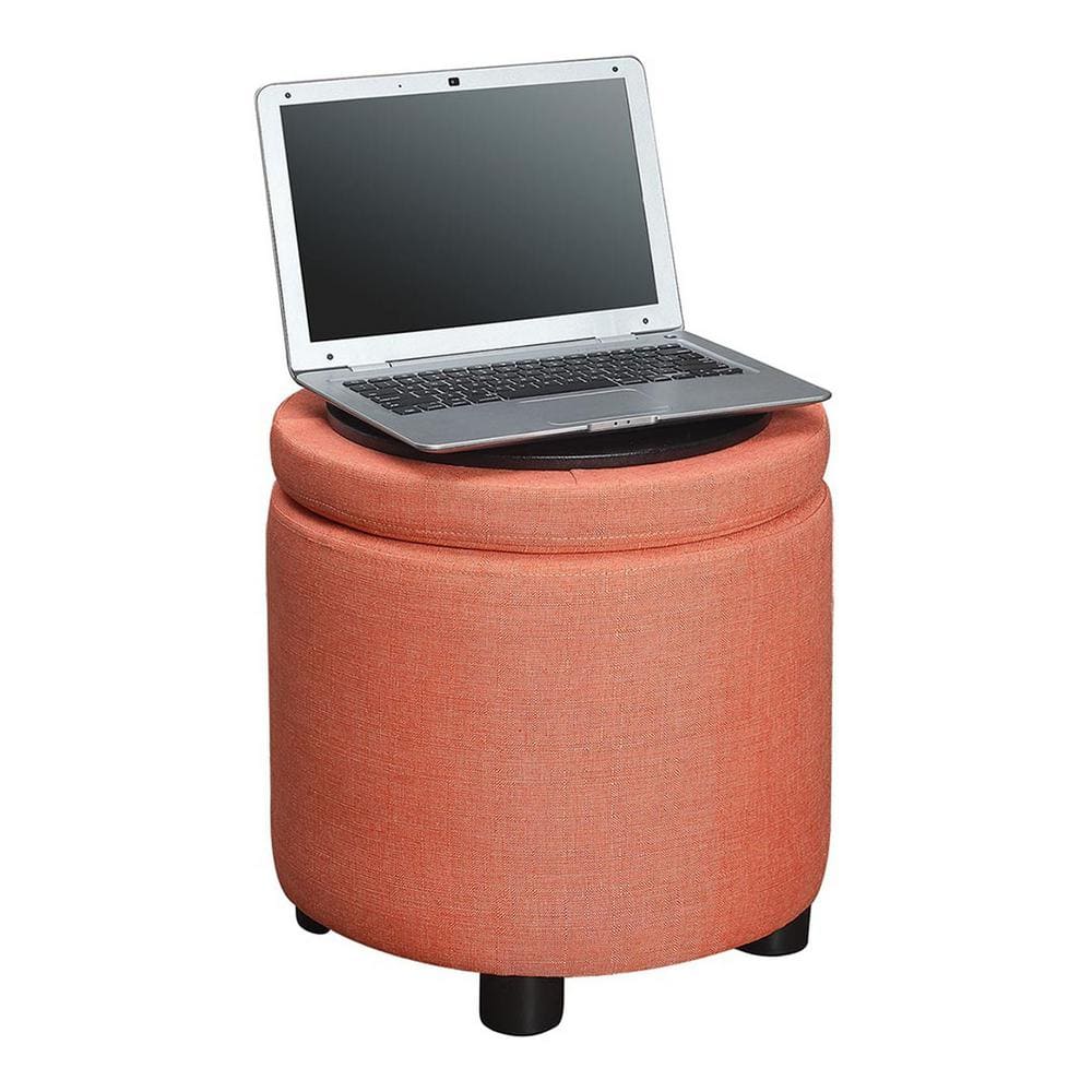 Coral Faux Linen Round Storage Ottoman with Reversible Tray