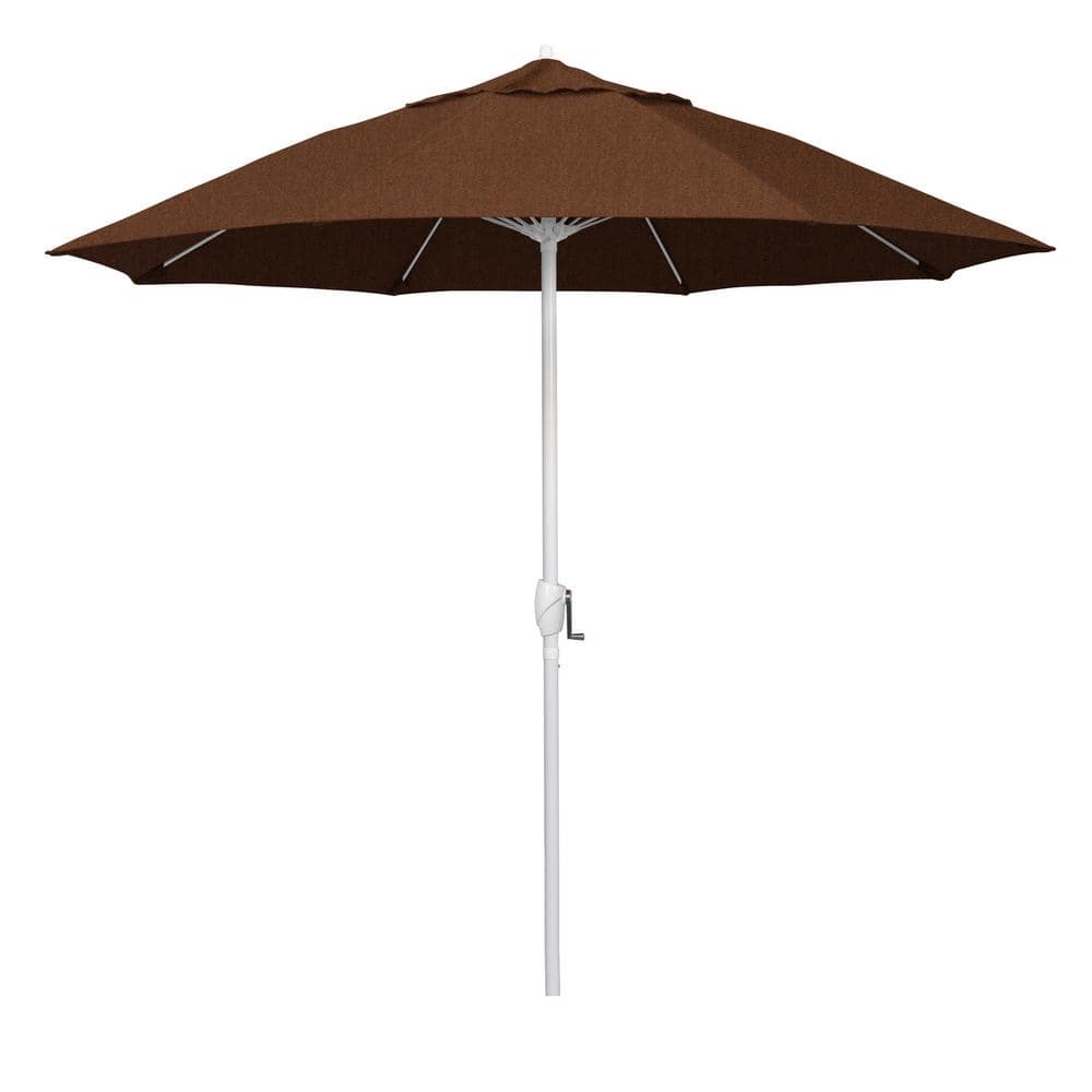 California Umbrella 9 ft. Matted White Aluminum Market Patio Umbrella Fiberglass Ribs and Auto Tilt in Teak Sunbrella