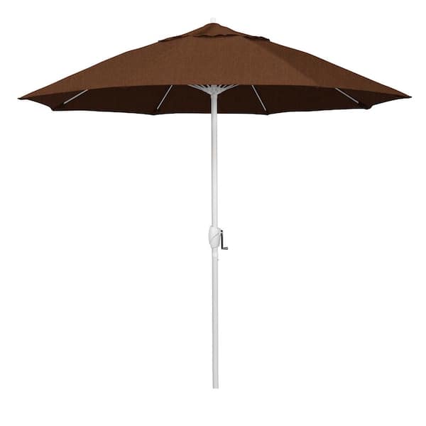 California Umbrella 9 ft. Matted White Aluminum Market Patio Umbrella Fiberglass Ribs and Auto Tilt in Teak Sunbrella