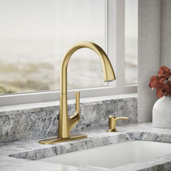 Elmbrook Single-Handle Pull-Down Sprayer Kitchen Faucet in Vibrant Brushed Moderne Brass