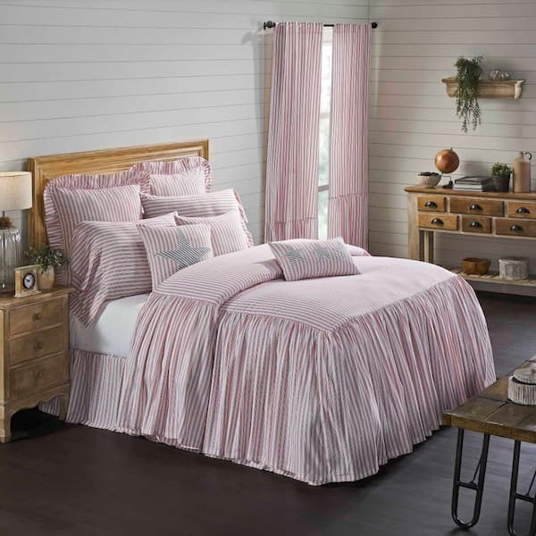 Timeless Ticking Red Ruffled Twin Bedspread
