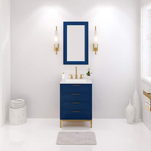 Water Creation Bristol 24 in. W x 21.5 in. D Vanity in Monarch Blue with Marble Top in White with White Basin and Grooseneck Faucet