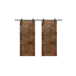 Double Mid-Bar 56 in. x 84 in. Dark Brown Finished Pine Wood Sliding Barn Door with Hardware Kit