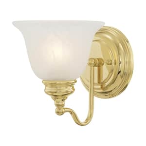 Woodside 6.25 in. 1-Light Polished Brass Wall Sconce with Alabaster Glass